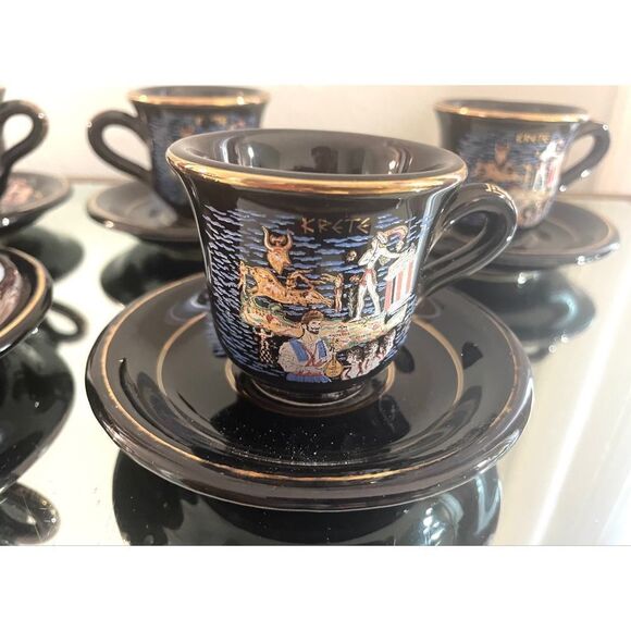 24k Gold Greek Krete Demistasse Teacups & Saucer Handmade in Greece Black/Gold - Picture 7 of 9